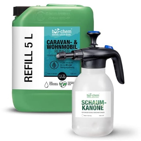 bio-chem Caravan- und Wohnmobil-Reiniger - Extra Starkes Konzentrat - 5000 ml + Schaumsprüher - Reiniger für Wohnmobile, Wohnwagen, Vorzelte, Regenstreifenentferner - Made in DE