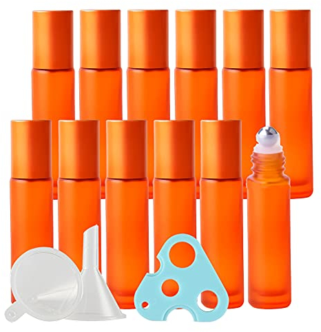 TIANZD Lot de 24, Flacons à Bille pour Huiles Essentielles 10ml – Bouteilles Rechargeables en Verre Orange Mat avec Billes en Acier Inoxydable (1 décapsuleur et 1 entonnoir)