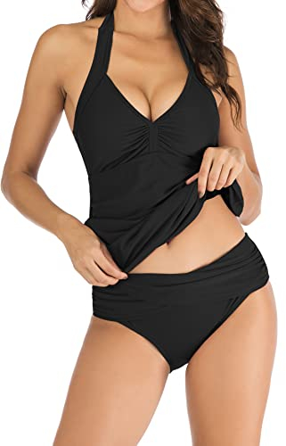 Laorchid Damen Push up Tankini Set zweiteilig Badeanzug Schwimmanzug bauchweg Strandmode Neckholder bademode Tankini v Ausschnitt Schwarz L