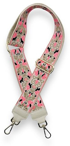 Ziona Taschengurt beige Leder gold zum Wechseln, 85-140cm langer verstellbarer Schultergurt für Taschen, 5cm breiter Schulterriemen für Handtaschen (Neon Muster)