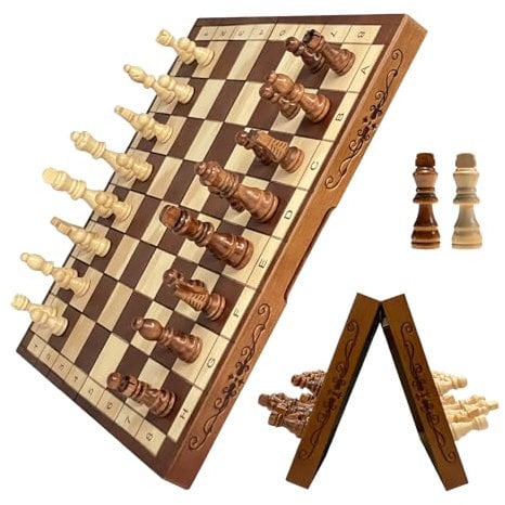 Syrace Magnetic Chess Set Board Games, Kids and Adults Wooden Foldable Hand Carved Portable Travel Chess Board Game Sets with Game Pieces & Storage Slots 15.74 (luxurious Magnetic Chess)