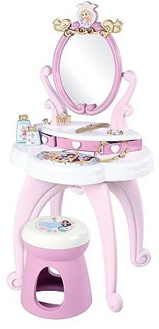 Smoby - Disney Princess specchiera 2 in 1, 7600320250, +3 anni, con sgabello, specchio girevole, da specchiera a tavolo, 10 accessori