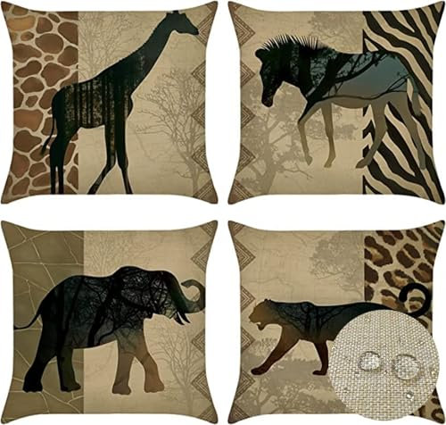 Housse de Coussin 60x60cm Extérieur Imperméable Respirant Lin Girafe Eléphant Zèbre Motif Canapé Décoratif Taie d'oreiller pour Patio Chambre Jardin Salon Maison Décor Coussin, Lot de 4 Animal A-4051