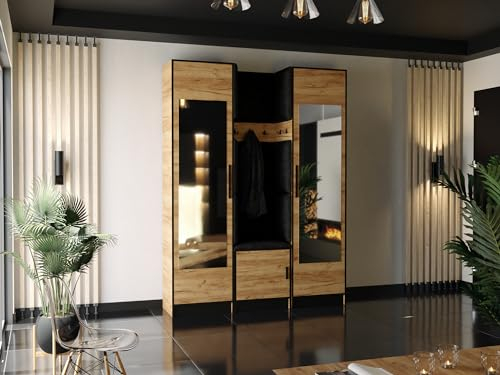KIER FURNITURE Kleiderschrank Mit Gepolstertem Sitz Und Paneelen – Gardarobenstaender – Sitzbank Garderobe – Flurgarderobe Schmal – Farbe Eiche Craft Golden + Stoff Schwarz – 159,6x205x39 cm