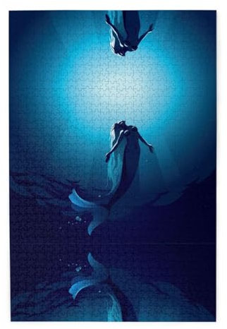 Blue Mermaid Print Premium Wooden Jigsaw Puzzle - 1000 Pieces - Plastic Box Packaging