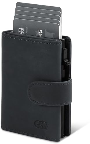 GSG Geldbörse Herren aus echtem Leder mit Münzfach RFID Schutz Trifold Klein Portmonee BrieftascheAutomatischem Pop-up für 10-12 Kreditkartenetui Schwarz
