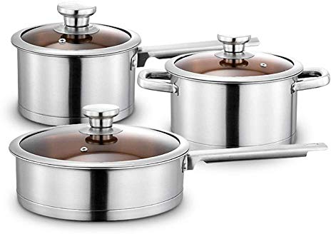 Juego de Batería de Cocina de 3 Piezas, Juego de Olla de Cocina, con Tapas de Vidrio, Todo Tipo de Cocinas, Inducción, Gas, Cerámica, Eléctrica (1 Olla para Sopa, 1 Sartén para Leche, 1 Sartén) Olla