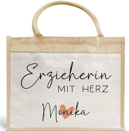 kleinebuchstaben Erzieherin mit Herz - Personalisierte Tasche Jute - Geschenk Juteasche Abschiedsgeschenk Schule Kindergarten - Beste Erzieherin Wunschtext