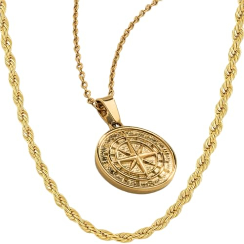 DVRK® Set 2 Herren Kette Gold 18k und Goldkette Herren Kompass 20 mm - Gold Ketten 55 cm mit Basis aus Edelstahl 316L Wasser- und Schweißbeständig - Schmuck für Männer