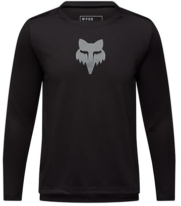 Fox Racing YTH Ranger Ls Jersey Fox Head - Youth Long Sleeve MTB Jersey, Recycled Materials, Sweat-Wicking Mesh, Drop Tail for Coverage, Black, Size: YS