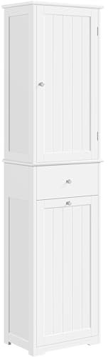 Yaheetech Colonne Salle de Bain, Meuble de Rangement avec Panier à Linge Sale, 1 Tiroir 2 Portes, 2 Étagères Réglables 45 x 30 x 180 cm Haut Bois Blanc