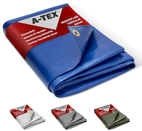A-TEX® Abdeckplane 260g/m² (Blau, 8 x 14 m) | Verschiedene Stärken, Größen und Farben wählbar | Plane mit Ösen | Gewebeplane Gartenplane BAU Zelt Holzplane | Wasserdicht | Reißfest | UV-stabilisiert