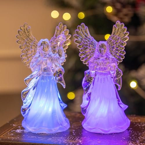 Decorazione Natalizia Angelo Con Luci LED Colorate Sfumate Trasparenti - Figura in Acrilico Luminosa per Festa di Natale (7,5 x 7 x 14,5 cm)