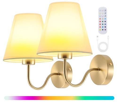 Battery Operated Wall Lights 2 Pack, Rechargeable Wall Lights Indoor with Dimmable 3 Color Temperature, 15 RGB Colors & 2 Modes, USB Charging Bulbs & Remote Control, Wireless Wall Sconces for Bedroom