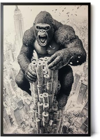 Paul Sinus Poster/Leinwandbild/Rahmenoption – King Kong auf dem Klopapier-Turm – Lustige WC-Deko für dein Badezimmer