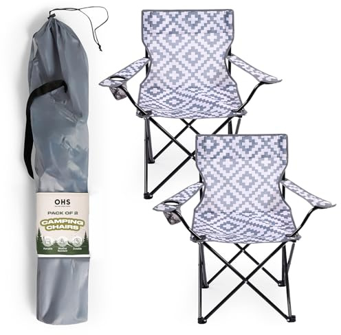 OHS 2 x Camping Chairs, Festival Garden Camping Chair For Adults Lightweight Steel Frame Outdoor Chair with Cup Holder For Outdoor Activities - Grey Geo