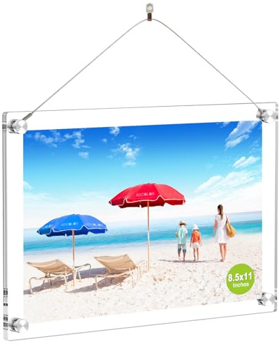 8.5x11 Modern Acrylic Photo Frame, Clear Glass-Like Desk Picture Frame with Stand off & Hanging String, Frameless Floating Look, Self-Standing Desktop or Wall Mount, Horizontal & Vertical Display