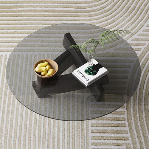 Meedlopia Niedriger Couchtisch aus Glas, Minimalistischer Teetisch, Vintage-Couchtische mit Massivholzsockel, Couchtisch für Arbeitszimmer, Büro, Hotel, Balkon
