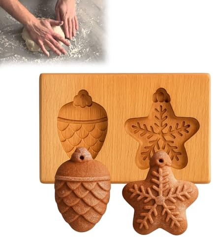 Keksform Holz - Zapfen und Schneeflocke Motiv, 3D Holzbackform für Plätzchen & Printen, Massivholz Keksformen mit Lebensmittelechter Versiegelung