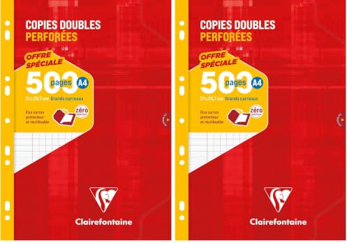 Clairefontaine 14791C Un Étui de Copies Doubles Perforées - A4 21x29,7 cm - 500 Pages Grands Carreaux - Papier Blanc 90 g - Étui Réutilisable (Lot de 2)