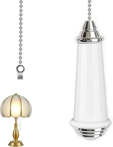 Ceramic Bathroom Light Pull Cord, Light Pull Handle Pull Cord Handle with 100cm Ball Chain Extension, Pull Cord Light Switch for Toilet Light Ceiling Blind Fan, Chrome Finish White Porcelain Handle