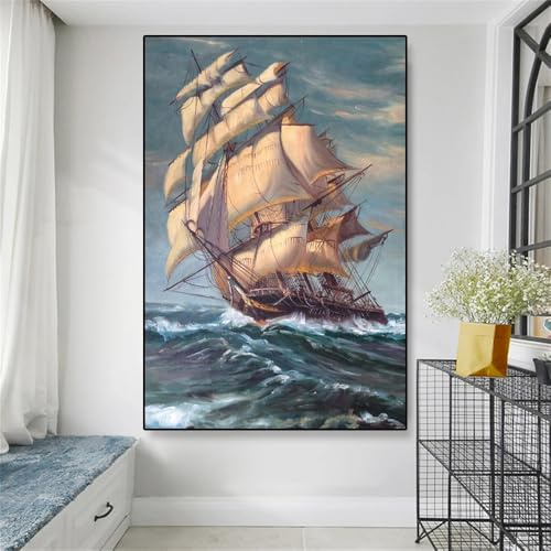 GKUVBF Piratenschiff-Leinwandbild, Wandbild, Vintage-Segelschiff-Poster, Kunstdruck, Wandbild für Wohnzimmer, Heimdekoration (50 x 70 cm/rahmenlos)