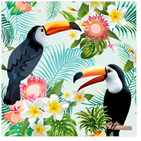 MACOSA U6SEC243_x2 Papier-Servietten Set 40 Stk. 25 x 25 cm Motiv Tukan bunt Tisch-Deko Einwegservietten Cocktailservietten Partyservietten Sommer Dschungel Tiere Blumen grün