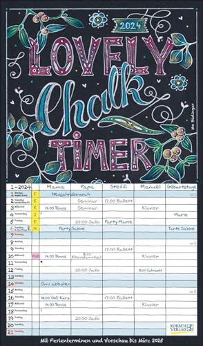 Lovely Chalk Timer 2024: Familienplaner mit 5 breiten Spalten. Typo-Art Familienkalender mit Ferienterminen, Zusatzspalte, Vorschau bis März 2025 und vielem mehr.