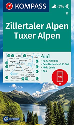 KOMPASS Wanderkarte 37 Zillertaler Alpen, Tuxer Alpen 1:25.000: 4in1 Wanderkarte , mit Aktiv Guide und Detailkarten inklusive Karte zur offline Verwendung in der KOMPASS-App. Fahrradfahren. Skitouren.