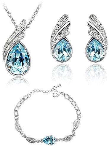 Crystalline Azuria Tropfenform Kristalle Blau Simulierter Aquamarin Schmuck-Set Halskette Ohrringe Armband 18 kt Weiß Vergoldet