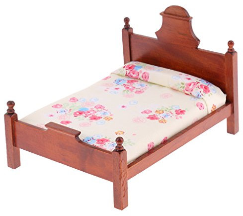 Fenteer 1:12 Puppenhaus Schlafzimmer Holz Doppelbett, Puppenhaus Zubehör, Kinder Spielzeug Geschenke