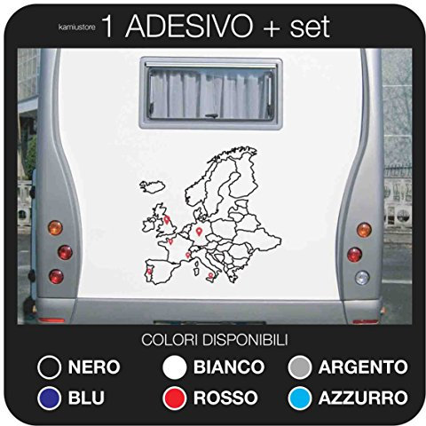 Adesivo Europa con Puntatori per Contrassegnare i Luoghi visitati per Camper, Roulotte, Furgoni e Van in Vinile per Esterni – 50 X 52 Cm (Nero)