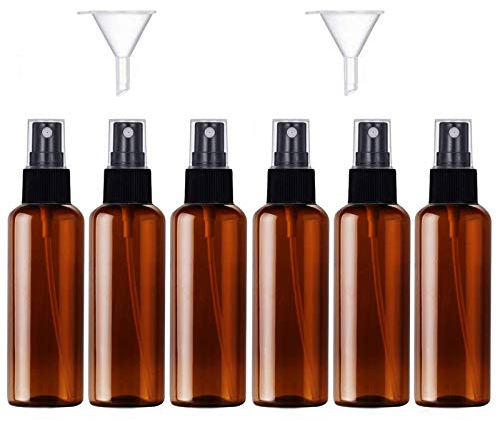 JamHooDirect 6PCS,50ml Empty Plastic Spray Bottle Fine Mist Travel Atomiser Set with 2 Funnels and 12 Labels - Refillable Travel Bottle Toiletries Liquid Containers for Cosmetic Make-up (Brown)
