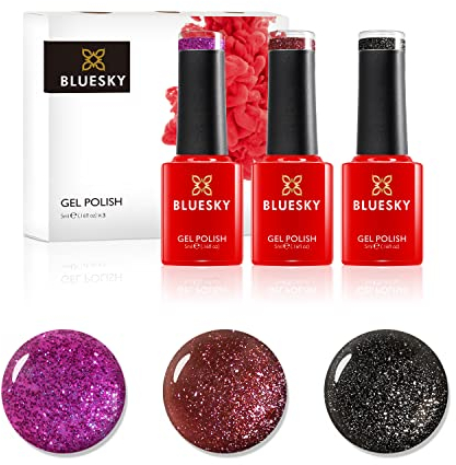 Bluesky Gel Nail Polish Set, Crystal Purple, Abyss VIP03, Butterfly Queen 80602, Maroon Cherry JQ10, 3 x 5 ml, (Requires Curing Under UV or LED Lamp)