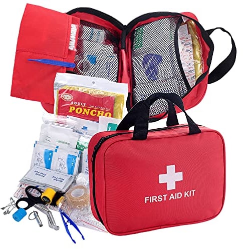 Erste Hilfe Set, 180-Teiliges First Aid Kit, Kompakt Erste Hilfe Kasten mit Premium Tasche für Haus, Auto, Camping, Wandern, Sport, Arbeit, Büro, Boot, Überleben und Reisen, Klein und Leicht Rot-180p