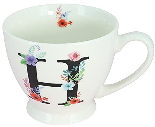 G Decor White Floral, 350ml, Alphabet A-Z Ceramic Tea Coffee XL Cup Mug, Novelty Drinkware for Morning or Evening Drink (H)