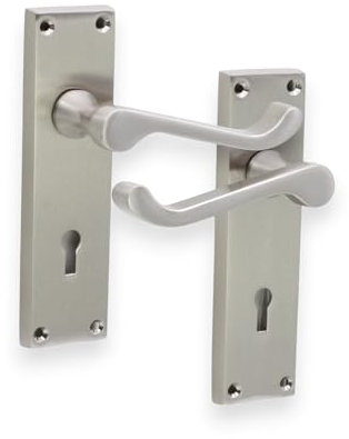 Victorian Scroll Lever Lock Internal Door Handle on Backplate Brass/Chrome/Satin, Suitable for All Types of Internal Doors 155x41mm Backplate (Satin Nickel)