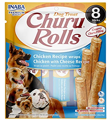 Churu Rolls by INABA Dog Treat - Chicken & Cheese Flavour (8 x 12g) / Crispy Sticks with Creamy Filling Dog Treat, Delicious & Healthy Snack, Hand Feeding, Training, Natural, Grain Free