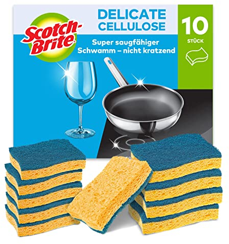 Scotch-Brite Delicate Éponge à Récurer en Cellulose non Rayante , 10 Pièces - Tampon à Récurer Très Absorbant Indiqué pour les Tâches de Nettoyage Quotidiennes, Bleu - Anti-rayures