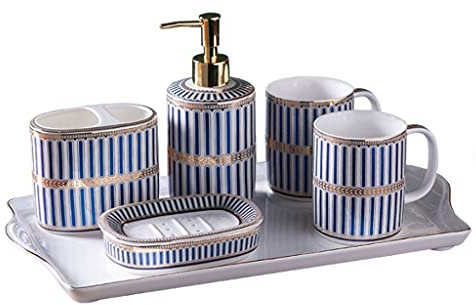 Badezimmer-Zubehör-Set, 6-teilig, Geschenk für Badezimmer, 6-teiliges Badezimmer-Geschenkset aus Keramik, Zahnbürste, Mundspülung, Zahnputzbecher, Toilettenartikel-Set (Farbe: C)
