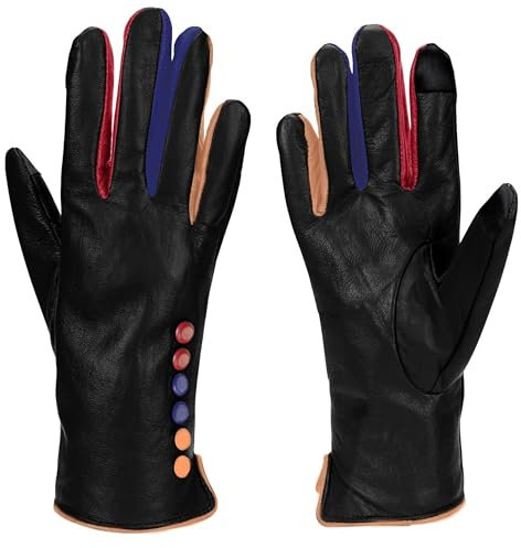 Vera Tucci Damen Winterhandschuhe - Luxuriöse Lederhandschuhe mit Touchscreen-Funktion, Fleece gefüttert, Schwarz, S-M