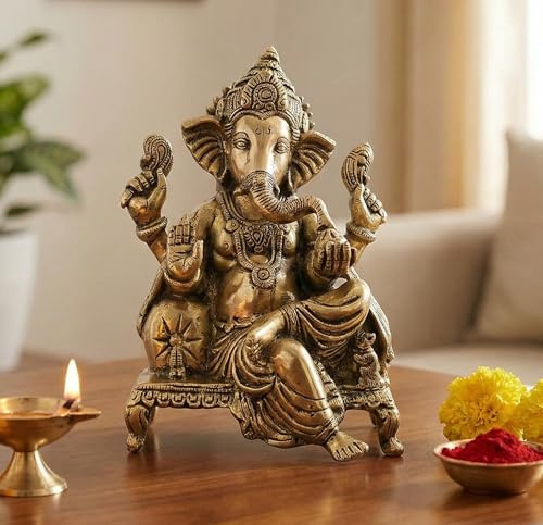 eSplanade Messing-Chowki Ganesha Ganpati Vinayak Showpiece | Murti Idol Statue Skulptur – 21 cm