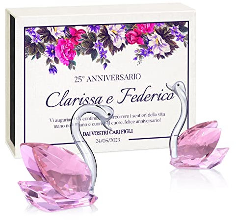 Maverton Coppia di cigni in vetro - 2 figurine di cristallo - 11x8cm e 9x8 cm - Scatola personalizzata - Statuette decorative casa - Per sposi - FIORI