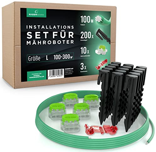 RASENWERK Begrenzungskabel Installationsset für Mähroboter - 200 Erdnägel mit patentierter Form - 10 Verbindungsklemmen - 100m Universal Begrenzungskabel für Rasenroboter - 3 Anschlussklemmen