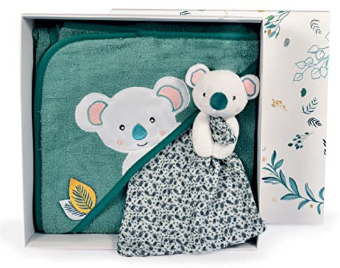 DOUDOU ET COMPAGNIE - Cape de Bain Bébé Doudou Koala - en Coton Doux - Collection YOCA Le Koala - Taille 80x80 cm - Teintes Bleu et Vert Apaisantes pour Enfant - Idée Cadeau avec Boite - DC3954