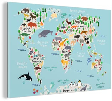 MuchoWow Glasbild Glasfoto Wandbild Bilder Deko 90x60 cm Weltkarte - Kinder - Tiere - Blau - Orca - Wal