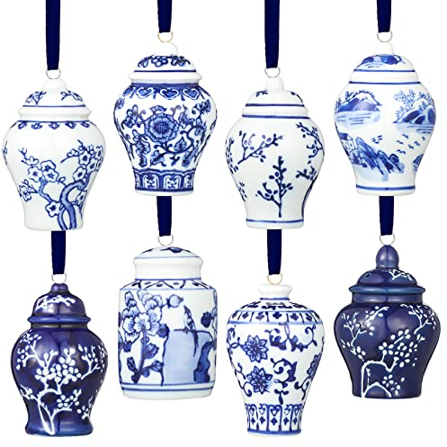 BBTO Porzellan-Kugel, Weihnachtsdekoration, 91,4 cm, Blau und Weiß, Weihnachtsbaumschmuck, Keramik, hängende Ornamente für den Weihnachtsbaum, Vintage-Stil, 8 Stück
