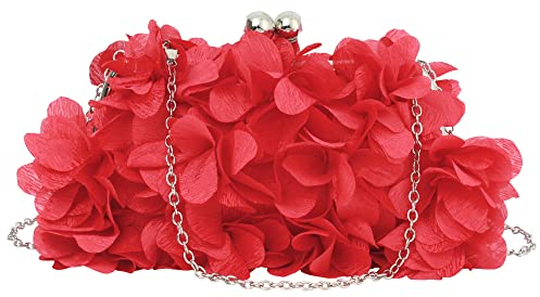 MEGAUK Damen Elegante Handtasche Blumen Clutch Seide Abendtasche Henkeltasche Crossbody Bag mit Kette Kisslock Design, Rot