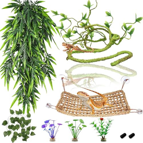 RUNANIA Reptilienpflanzen für Bartagamen Tank Zubehör, Terrarium Hängepflanzen mit Saugnäpfen für Bartagame, Leopard, Gecko, Eidechse, Schlange Chamäleon