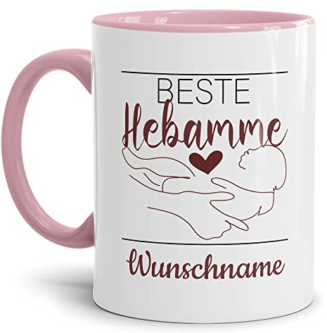 Tassendruck Tasse mit Spruch - Beste Hebamme - mit Wunschname personalisierte Geschenke für Hebamme, Dankeschön Geschenk zur Geburt | Personalisiertes Geschenk, 300ml, Innen & Henkel Rosa